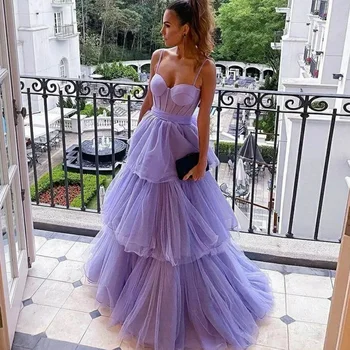 Бальное платье из фиолетового тюля на тонких бретельках, женская одежда с оборками, Многослойные вечерние платья Для женщин, Элегантные вечерние платья на заказ