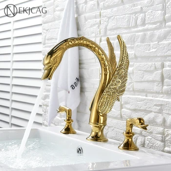 Роскошный Золотой смеситель для раковины в ванной в форме лебедя, Латунная Двойная ручка, смеситель для горячей и холодной раковины, смесители для ванны, кран