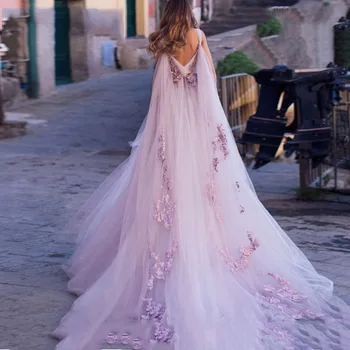 Свадебное платье в стиле бохо с 3D цветами Светло-фиолетового цвета, пляжные платья для невесты, свадебные платья из пышного тюля с открытой спиной, длинный шлейф длиной до пола