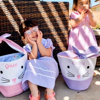 Персонализированная крупногабаритная корзина с милым мультяшным кроликом, подарочный пакет для детских конфет с бантом, Вышитая на заказ Именная сумка для пасхальной корзины