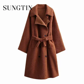 Модное зимнее теплое шерстяное пальто Sungtin, женское пальто с поясом, двубортные куртки оверсайз, женская шикарная верхняя одежда с лацканами, утепленная верхняя одежда