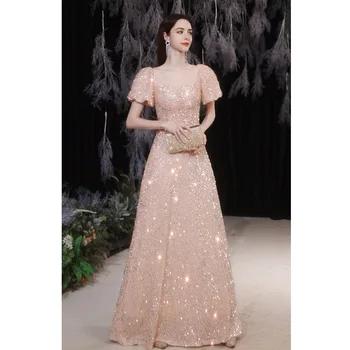 Вечерние платья, праздничное свадебное платье с пайетками, Розовая принцесса, бальное платье с пышными рукавами для банкета, ужина, халат с цветочным рисунком L0370