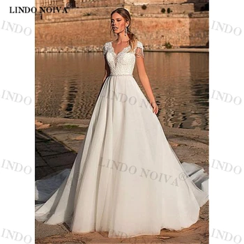 LINDO NOIVA vestido, Изготовленные на заказ Элегантные свадебные платья из тюля с V-образным вырезом и аппликацией, Трапециевидные свадебные платья с короткими рукавами и иллюзионной молнией сзади