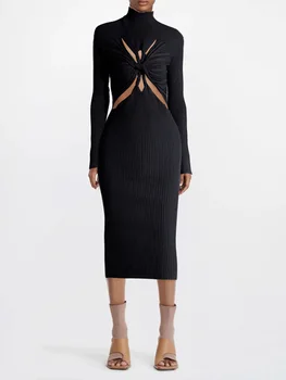 2023 Весеннее трикотажное платье-свитер с имитацией шеи и длинным рукавом, женское сексуальное облегающее платье-карандаш с перекрестным узлом на груди, выдалбливают, ZN222