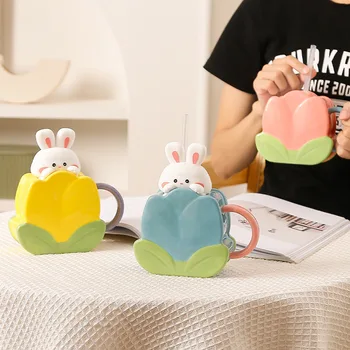 Мультяшная Кофейная чашка Home Tulip Mark Coffee Cup Cute Rabbit Керамическая Чашка с крышкой Cup