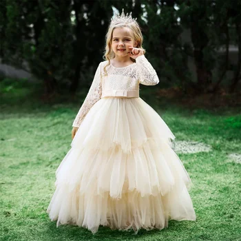 Многослойное тюлевое кружевное платье с длинными рукавами цвета шампанского для девочки в цветочек, Свадебное Элегантное платье для первого Евхаристического причастия Маленького ребенка в цветочек