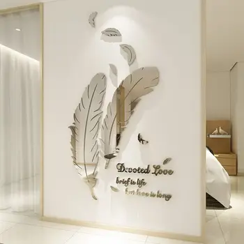 Зеркальные акриловые 3D наклейки на стену с перьями для гостиной спальни Самоклеящиеся наклейки Туалетное зеркало Домашний декор Своими руками