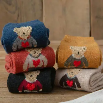 Носки с мультяшным медведем с вышивкой, зимние Теплые Японские носки с утолщенной средней трубкой, унисекс, дышащие шерстяные носки с милыми животными в стиле Каваи