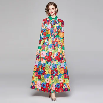 Женское платье с длинными рукавами 2023, Новая модная коллекция из полиэстера с принтом на талии, Темпераментное платье в цветочек трапециевидной формы