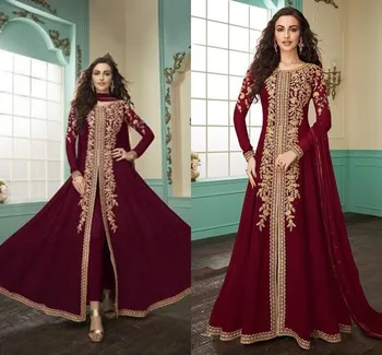 Бордовый вышитый свадебный костюм Анаркали с разрезом, фестиваль индийской одежды, аппликация из золотого кружева, свадебное платье с длинным рукавом, комбинезон