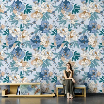 изготовленная на заказ фреска в скандинавском ретро стиле, обои с синим цветком для гостиной, ТВ-фон, 3D обои американского искусства, спальня