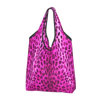Кавайная розовая леопардовая сумка-тоут для покупок, портативная сумка для покупок в продуктовых магазинах с принтом из кожи животного