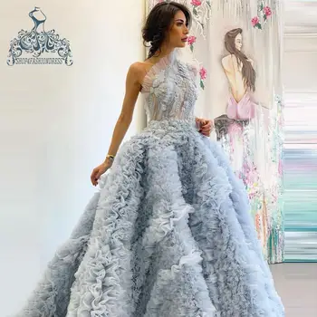 Красивые Небесно-голубые Пышные бальные платья из тюля Реальное изображение принцессы из многоуровневого тюля с 3D цветами вечерние платья в арабском стиле Длинные платья для выпускного вечера