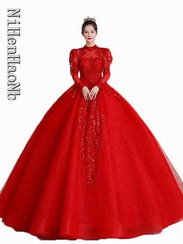Красные Свадебные платья с длинными Пышными рукавами, Роскошное Платье Невесты в винтажном стиле Vestido De Novia