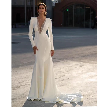Простое женское свадебное платье белого цвета с V-образным вырезом, расшитое бисером, жемчугом, пайетками, придворный шлейф, свадебное платье Русалки, модное и элегантное 2023 г.