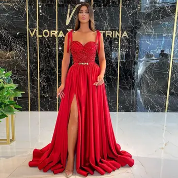 Изысканное красное вечернее платье трапециевидной формы на тонких бретельках, расшитое бисером, платье с высоким разрезом, платье для выпускного вечера Arabia, сшитое на заказ, плюс размер