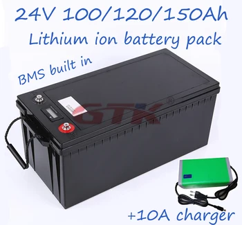Аккумуляторная батарея 24V 100ah 24V 100AH 120Ah 150Ah водонепроницаемая литиевая аккумуляторная батарея для инвертора, солнечной системы, лодочного мотора + зарядное устройство 10A