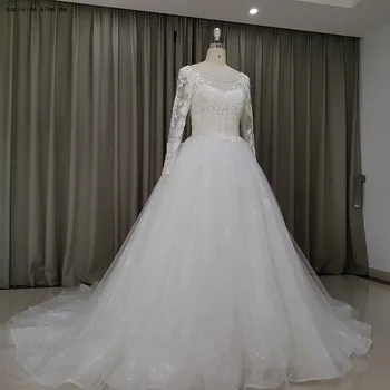 Свадебные платья с длинными рукавами и круглым вырезом, Кружевное платье невесты Со Шлейфом, Новое Поступление Свадебных платьев 2019 года