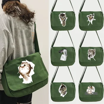 Женская сумка-мессенджер, холщовые сумки через плечо с рисунком милого кота, 2023 Новая школьная дорожная сумка через плечо, портативная сумка большой емкости