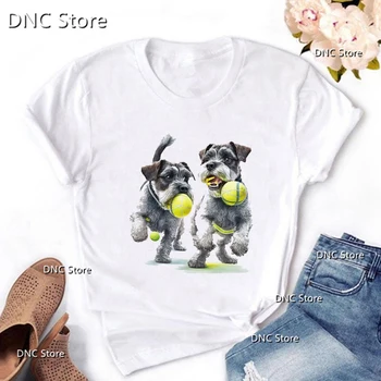 Собаки-цвергшнауцеры Играют в теннис в Dogs at Play, Футболка с графическим принтом, Женская Модная футболка, Топы с коротким рукавом