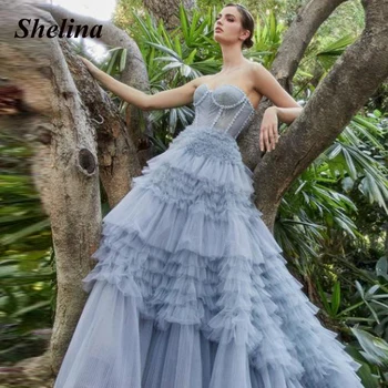 Изысканные платья из многоуровневого тюля Shelina для официальных мероприятий с цветочными аппликациями в виде сердца, вечерние платья Vestido De Noite по индивидуальному заказу