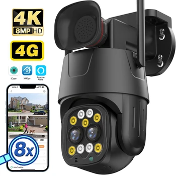 4G Sim-Карта IP-Камера 4K 8MP Двойной Объектив С 8-Кратным Зумом Wifi Камера Наружная Безопасность PTZ Cam 4MP Автоматическое Отслеживание Видеонаблюдения iCSee