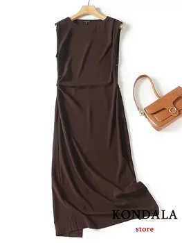 Женское платье KONDALA Vintage Chic, коричневое однотонное прямое платье без рукавов с круглым вырезом, мода 2023, Летнее офисное женское платье Vestidos
