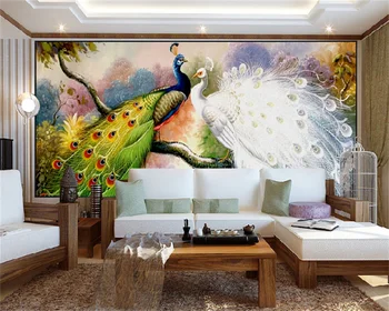 Пользовательские фотообои в китайском стиле цветы и птицы павлин пион гостиная ТВ фон стены украшение дома настенная роспись tapety