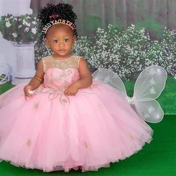 Милые кружевные розовые платья для девочек в цветочек, бальное платье с прозрачным вырезом, свадебные платья Маленькой принцессы, Праздничный костюм для причастия, подарок на Крещение.