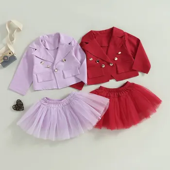 Комплект из 2 предметов, Детский костюм Для маленьких девочек, Однобортное пальто с длинными рукавами и отворотами + фатиновая юбка, Красный/фиолетовый, От 1 до 7 лет