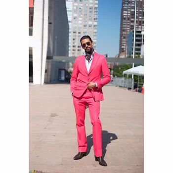 2020 Ярко-Розовые Мужские Костюмы, Блейзер С Брюками, Модные Смокинги Для Женихов с Большим Отворотом, Смокинги для Свадебной вечеринки (Куртка + брюки)