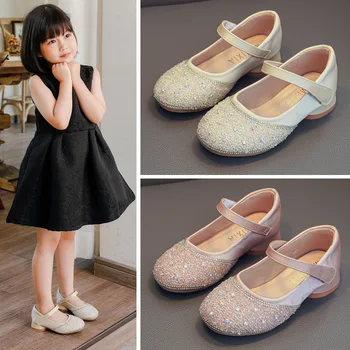 Кожаные туфли для девочек на низком каблуке, балетки Princess Crystal, весна-осень 2023, новая детская обувь для выступлений