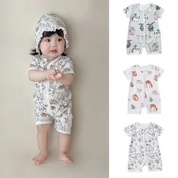 Детские Комбинезоны с милым принтом для маленьких мальчиков и девочек, летние комбинезоны для новорожденных, однотонная муслиновая одежда для младенцев без рукавов