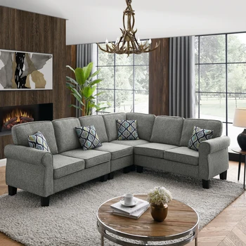 L-образный секционный диван с раскладным шезлонгом, четырьмя подушками в комплекте, пластиковые ножки, светло-серый (106 