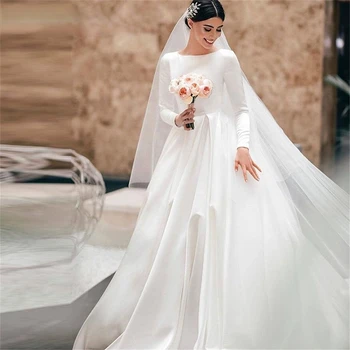 Свадебное Платье White Stain 2023 С Длинным Рукавом И Круглым вырезом, Придворный Шлейф, Платье Невесты для Женщин, Vestidos De Fiesta Elegantes Para Mujer 2023