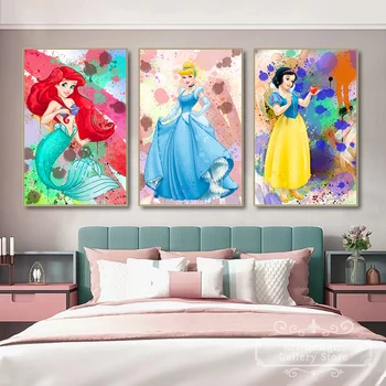 Акварельные картины Диснея на холсте, Белоснежка, принцесса-Русалка, плакаты и принты, настенные рисунки для домашнего декора гостиной.