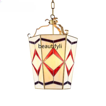 yj Медная люстра в европейском стиле, витражи, светильники для спальни, столовой, светильник для прохода, художественная лампа
