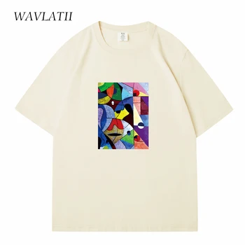 WAVLATII Новые женские Повседневные хлопчатобумажные футболки, женские красочные футболки с абстрактным принтом, женские бежевые топы уличной одежды на лето WT2320