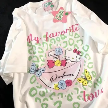 Белая футболка Kawaii Sanrio Hello Kitty с короткими рукавами, женский сладкий летний топ с японским рисунком, подарок