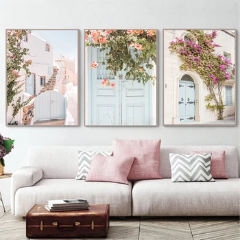 Розовая винтажная дверь с цветами, Пейзаж, настенное искусство, холст, живопись, плакаты и принты Северной Греции, настенные картины для декора гостиной