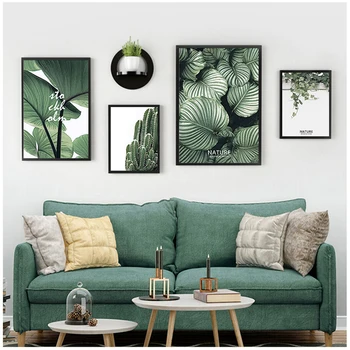 Настенные художественные картины без рамки, свежие зеленые растения, скандинавский плакат, комбинированные картины на холсте для гостиной, украшения дома