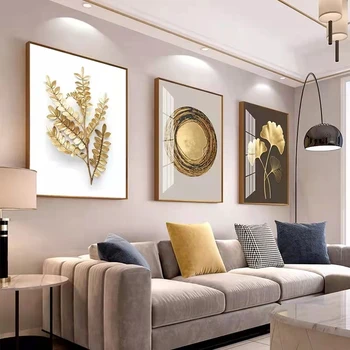 Абстрактное современное настенное искусство с Золотыми листьями, Роскошный плакат Circle, печать на холсте в скандинавском стиле, Настенные панно для гостиной
