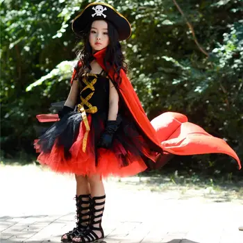 Новая мода Пираты Косплей Детские платья-пачки для девочек со шляпой-накидкой Пираты нарядились в черную одежду для косплея для маленьких девочек