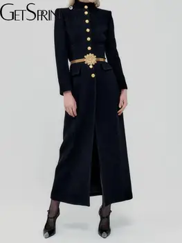 Женское шерстяное пальто GetSpring 2023, осень-зима, темперамент, длинный рукав, воротник-стойка, однобортный приталенный простой длинный жакет