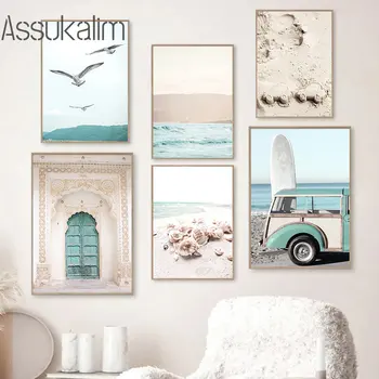Настенный рисунок с морским пейзажем, принты в виде ракушек на пляже, Роспись дверей в Марокко, плакат с принтом автомобиля, Скандинавские настенные плакаты, декор для гостиной