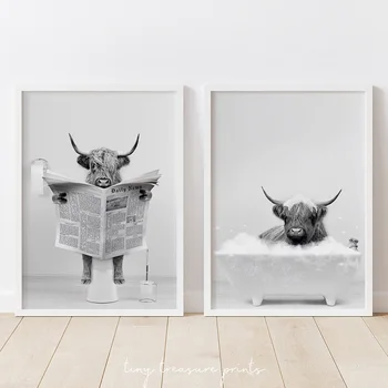 Причудливый анималистический плакат и принт Скоттиш Хайленд Крупный рогатый скот в ванне Картина на холсте Современная настенная картина Домашний декор для ванной комнаты