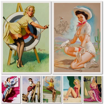Ретро Европейский и американский персонаж, девушка, живописный декор бара, Настенная художественная картина, плакат с животным Пейзажем, картины на холсте