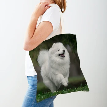 Милые повседневные сумки для покупок с белой собакой-самоедом, милые домашние животные, двусторонняя многоразовая холщовая мультяшная Женская сумка для покупок, сумка-тоут, Сумочка-тоут