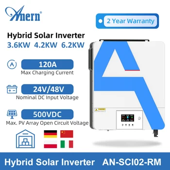 Anern 6.2KW 4.2KW 3.6KW Гибридный Солнечный Инвертор 24V 48V Чистый Синусоидальный Инвертор 230V с Контроллером Солнечного Зарядного Устройства MPPT 140A 120A