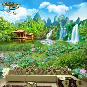 Пейзаж бейбехан водопад фотообои с лотосом фрески прихожая спальня гостиная диван ТВ фон настенная роспись обои